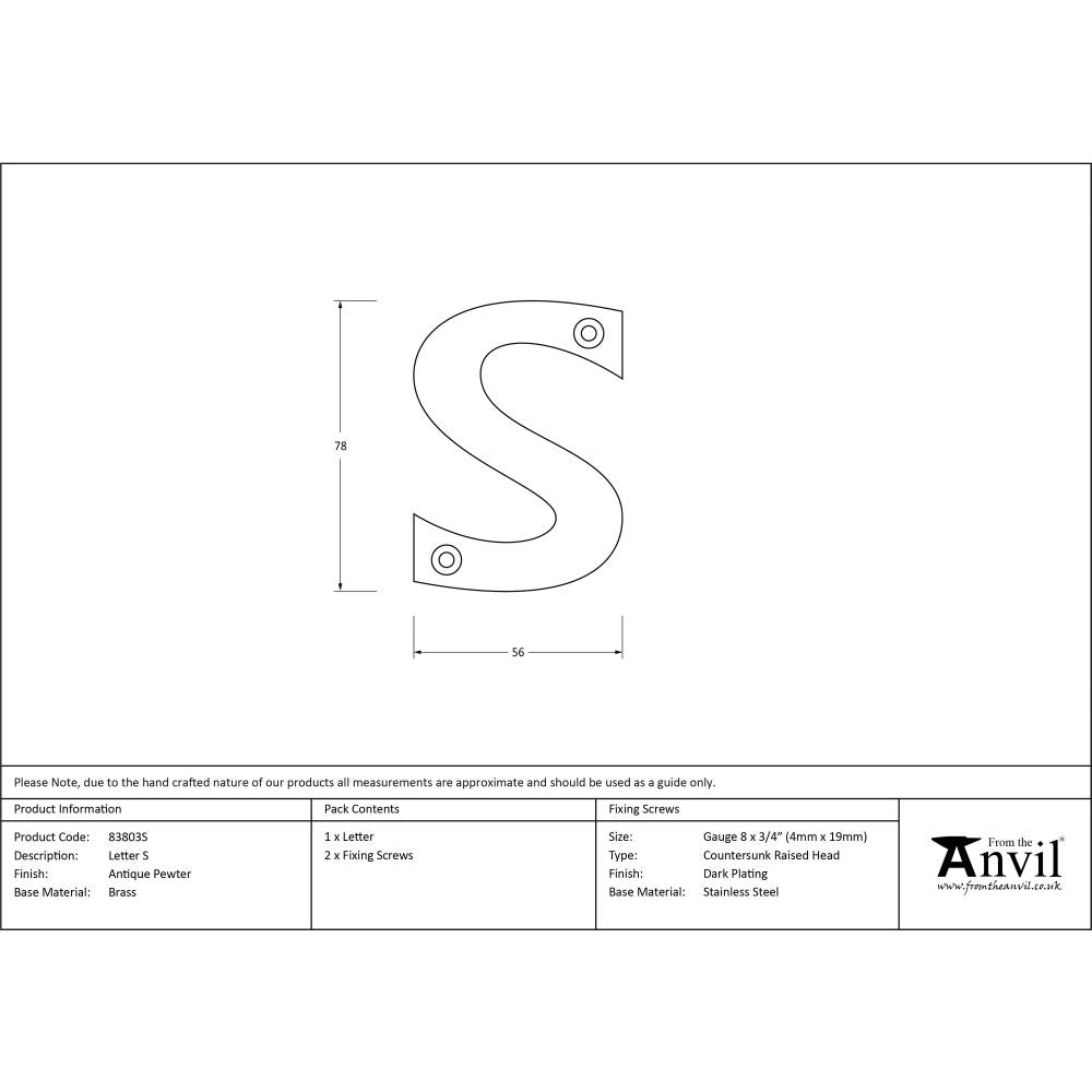 From The Anvil - Antique Pewter Letter S | Sku. 83803S | Trade Door Handles.