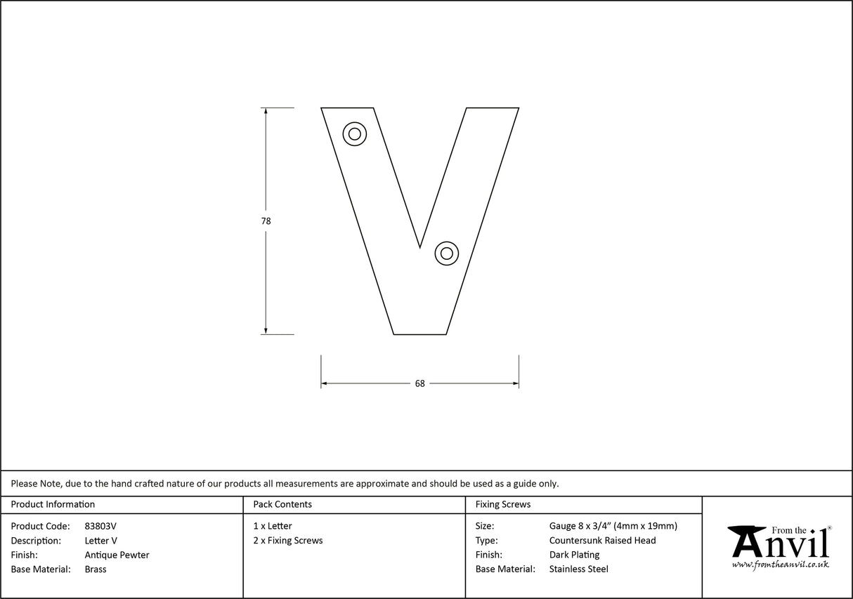 From The Anvil - Antique Pewter Letter V | Sku. 83803V | Trade Door Handles.