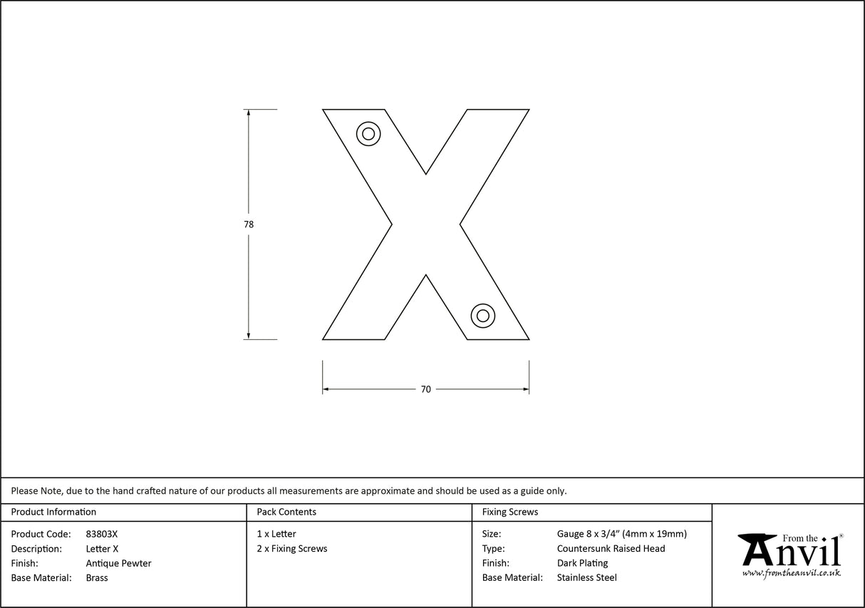 From The Anvil - Antique Pewter Letter X | Sku. 83803X | Trade Door Handles.