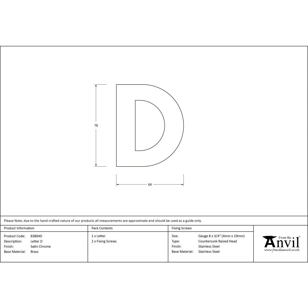From The Anvil - Satin Chrome Letter D | Sku. 83804D | Trade Door Handles.