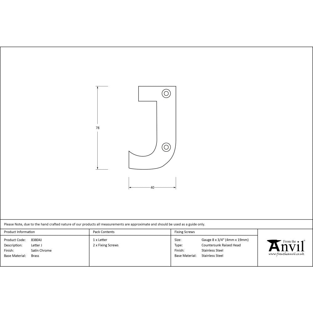From The Anvil - Satin Chrome Letter J | Sku. 83804J | Trade Door Handles.