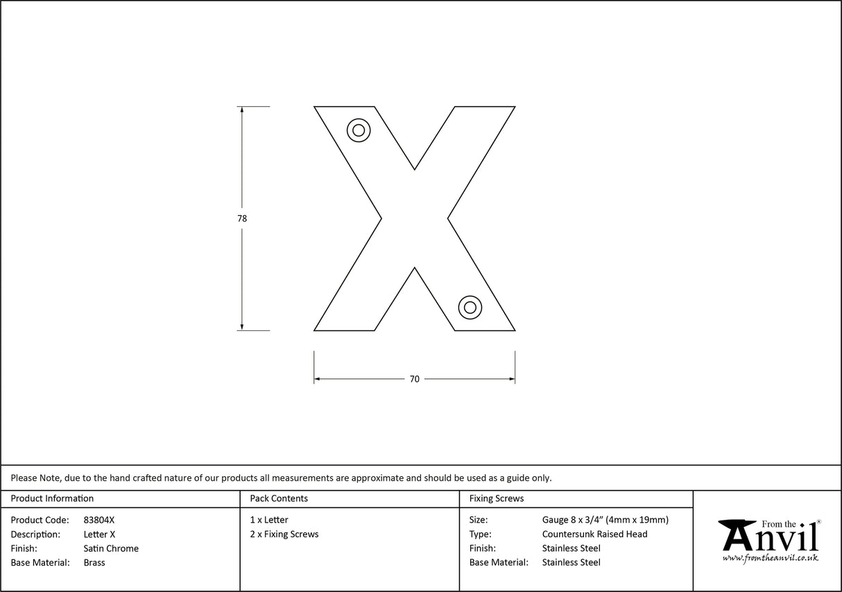 From The Anvil - Satin Chrome Letter X | Sku. 83804X | Trade Door Handles.