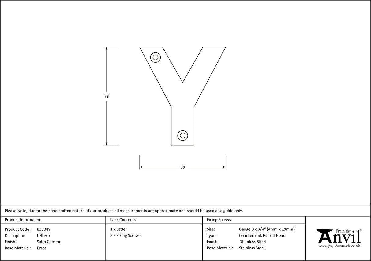 From The Anvil - Satin Chrome Letter Y | Sku. 83804Y | Trade Door Handles.