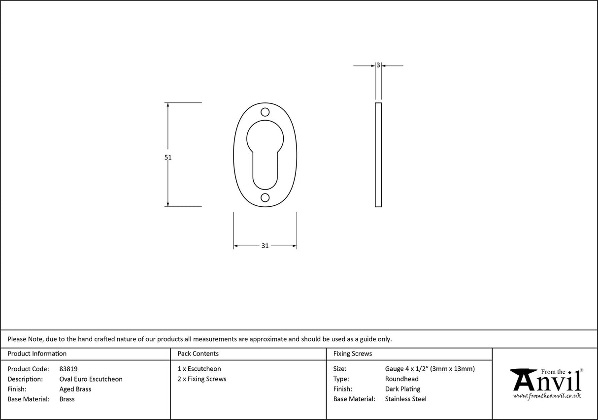 From The Anvil - Aged Brass Oval Euro Escutcheon | Sku. 83819 | Trade Door Handles.