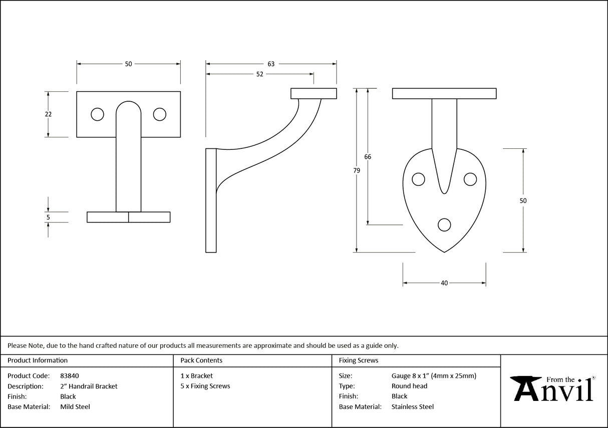 From The Anvil - Black 2" Handrail Bracket | Sku. 83840 | Trade Door Handles.