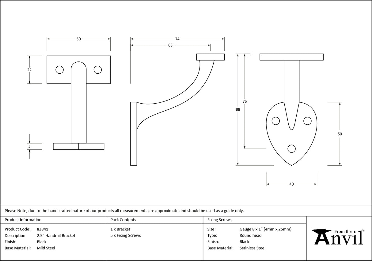 From The Anvil - Black 2.5" Handrail Bracket | Sku. 83841 | Trade Door Handles.