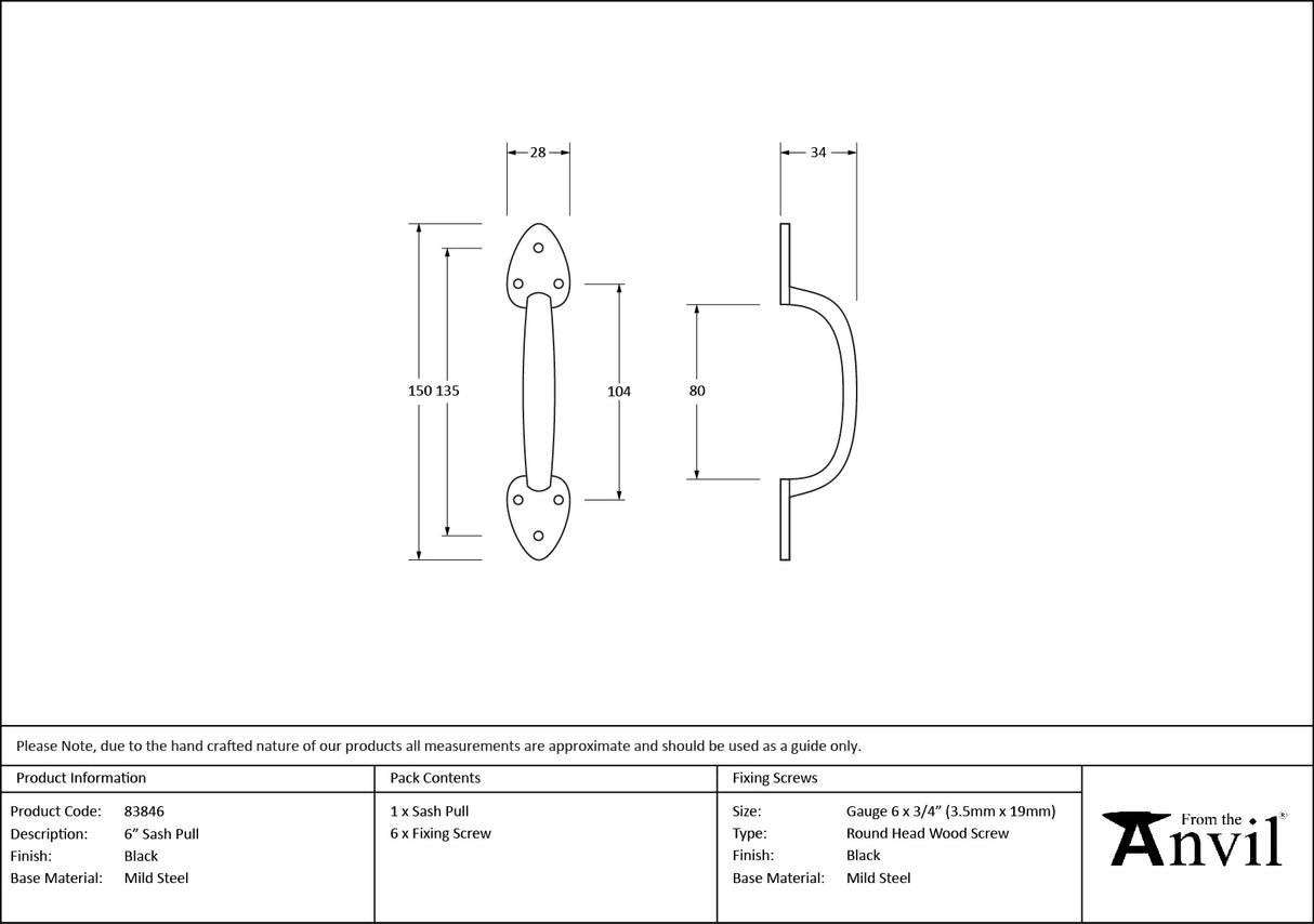 From The Anvil - Black 6" Sash Pull | Sku. 83846 | Trade Door Handles.