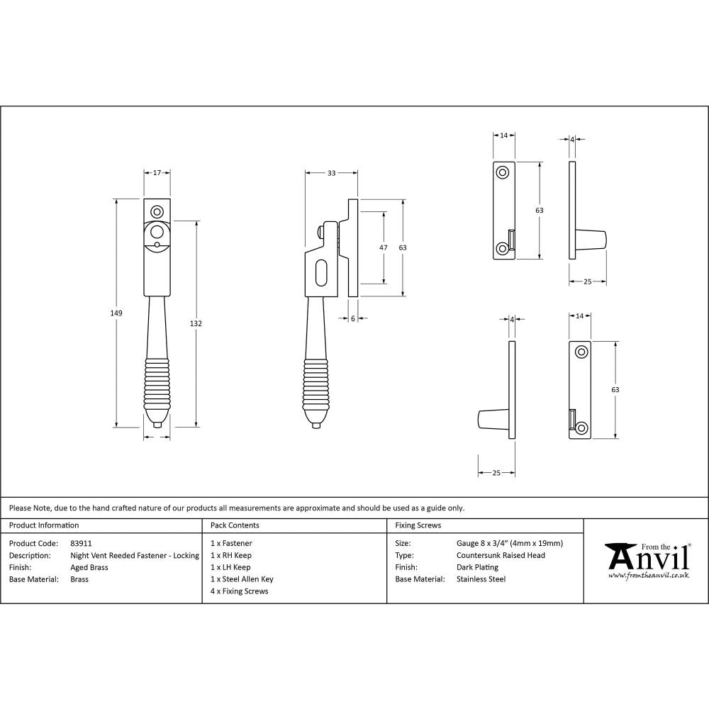 From The Anvil - Aged Brass Night-Vent Locking Reeded Fastener | Sku. 83911 | Trade Door Handles.