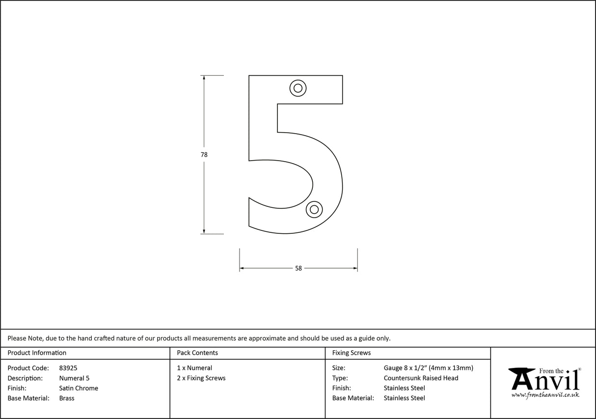 From The Anvil - Satin Chrome Numeral 5 | Sku. 83925 | Trade Door Handles.