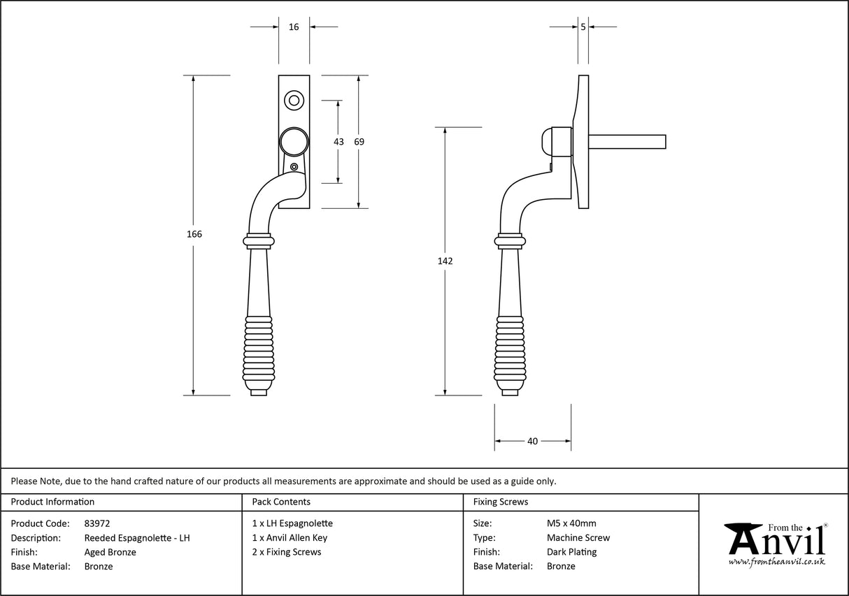 From The Anvil - Aged Bronze Reeded Espag - LH | Sku. 83972 | Trade Door Handles.