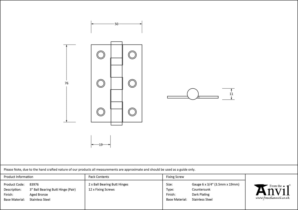 From The Anvil - Aged Bronze 3" Ball Bearing Butt Hinge (pair) ss | Sku. 83976 | Trade Door Handles.