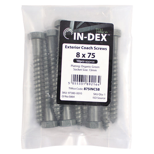 This is an image of Timco - Coach Screws - Hex - Exterior - Green 8.0 x 75mm - (10 PCS Bag) 875INCSB