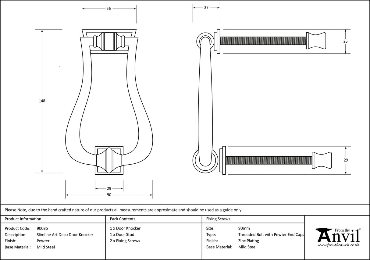 From The Anvil - Pewter Slimline Art Deco Door Knocker | Sku. 90035 | Trade Door Handles.