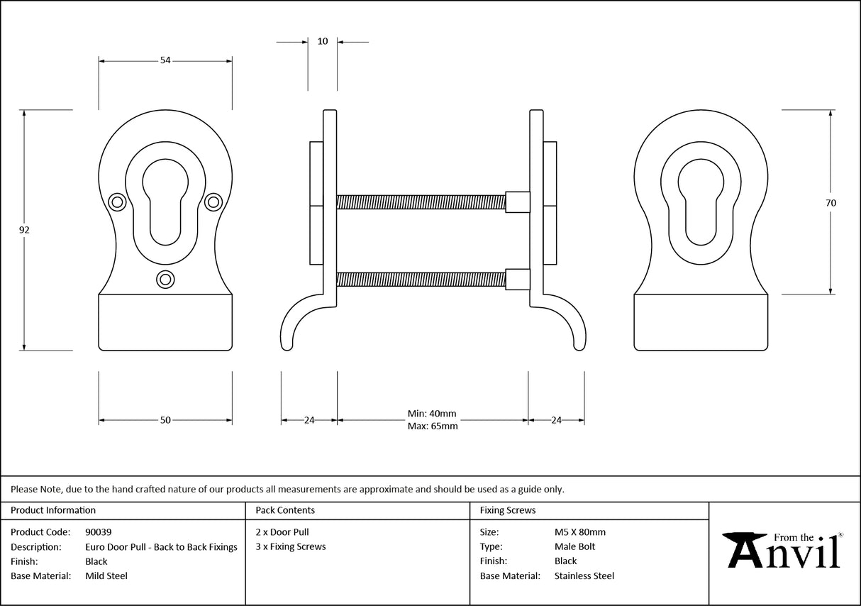 From The Anvil - Black 50mm Euro Door Pull (Back to Back fixings) | Sku. 90039 | Trade Door Handles.