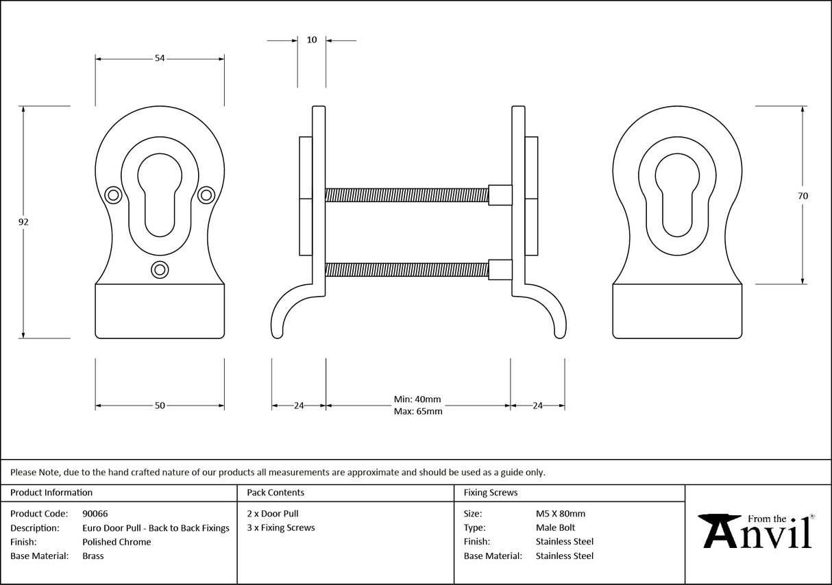From The Anvil - Polished Chrome 50mm Euro Door Pull (Back to Back fixings) | Sku. 90066 | Trade Door Handles.