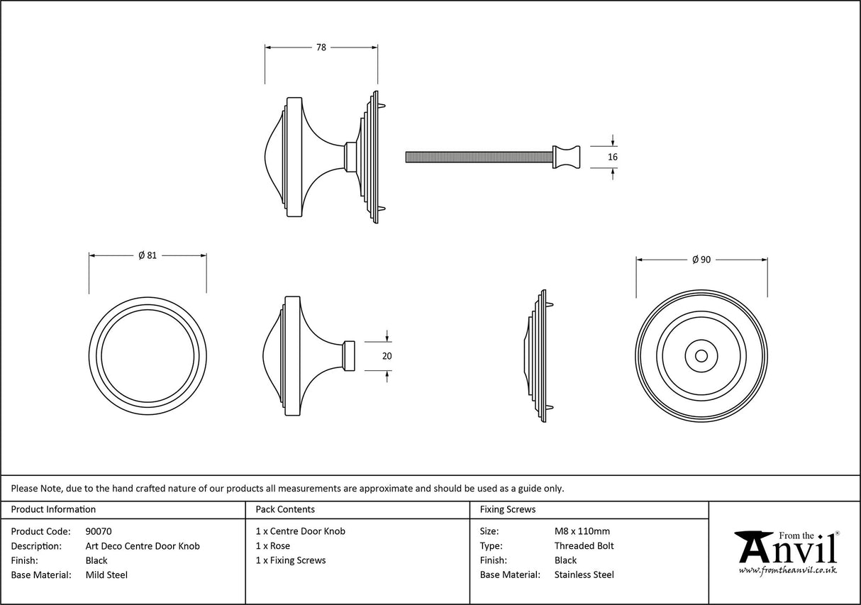 From The Anvil - Black Art Deco Centre Door Knob | Sku. 90070 | Trade Door Handles.