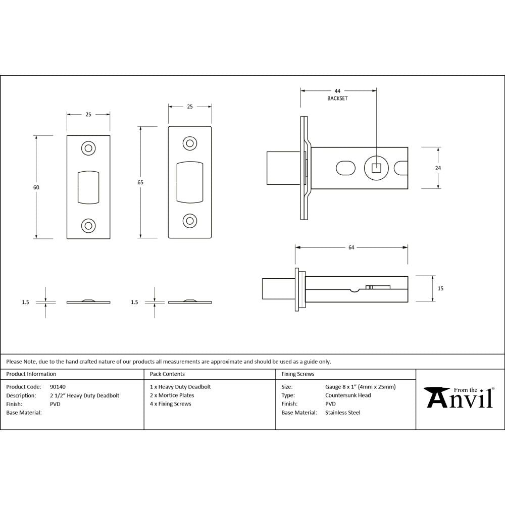 From The Anvil - PVD 2½" Heavy Duty Tubular Deadbolt | Sku. 90140 | Trade Door Handles.