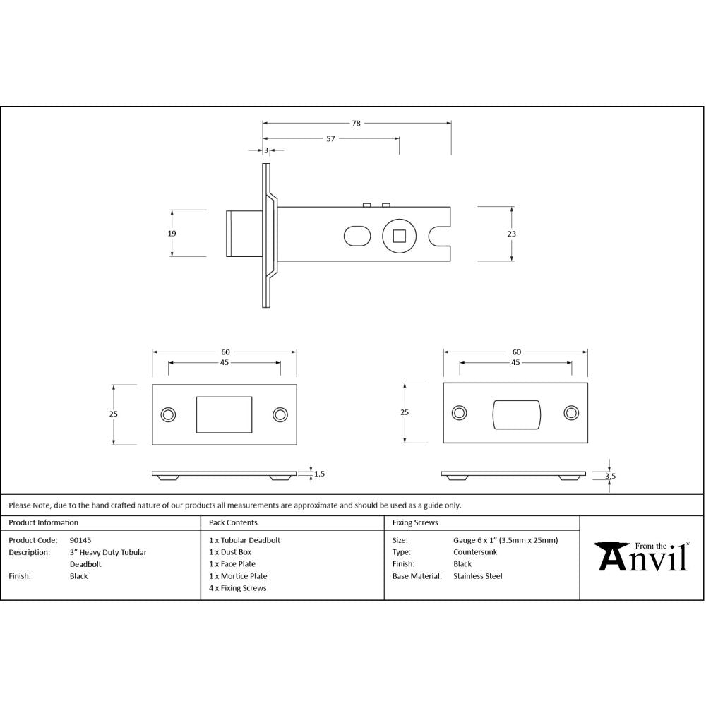 From The Anvil - Black 3" Heavy Duty Tubular Deadbolt | Sku. 90145 | Trade Door Handles.