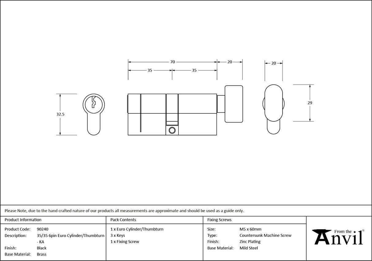 From The Anvil - Black 35/35 6pin Euro Cylinder/Thumbturn KA | Sku. 90240 | Trade Door Handles.