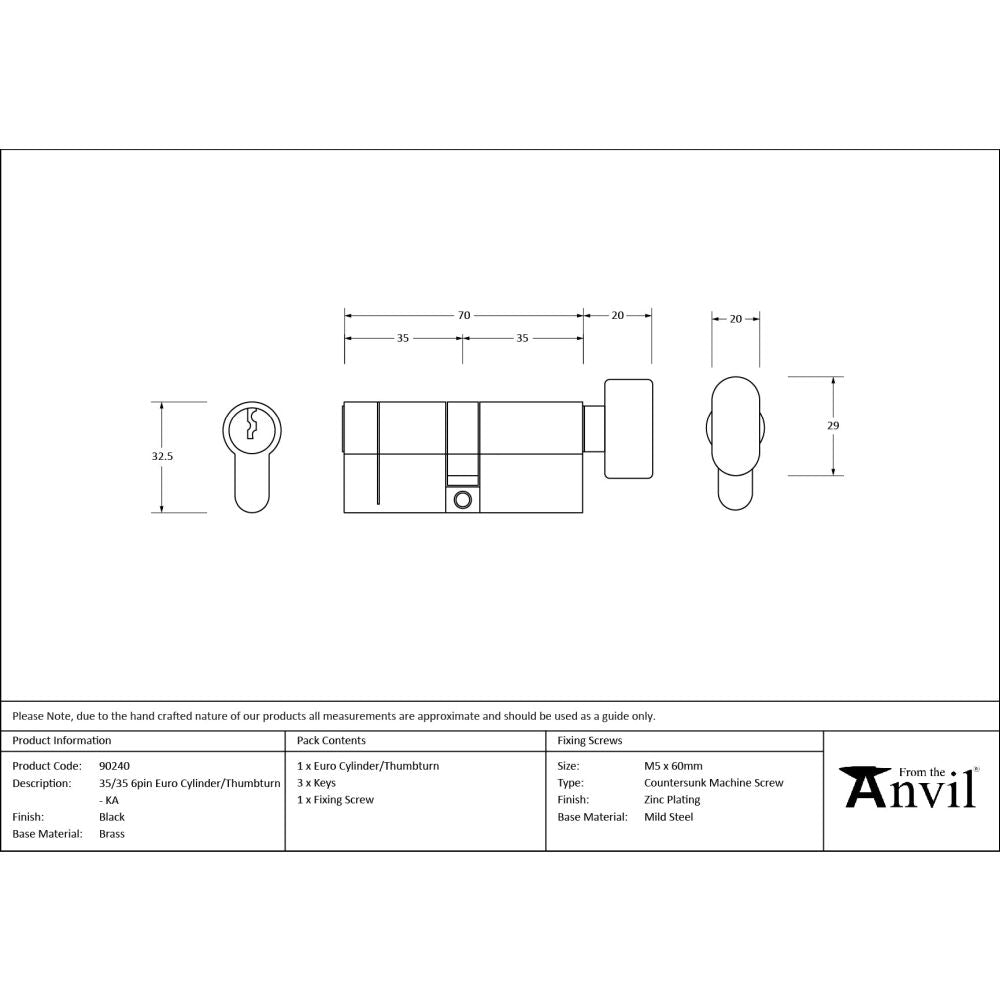 From The Anvil - Black 35/35 6pin Euro Cylinder/Thumbturn KA | Sku. 90240 | Trade Door Handles.