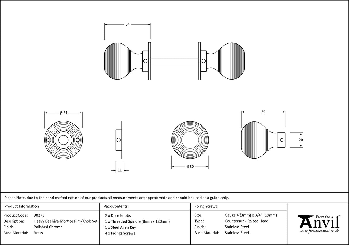 From The Anvil - Polished Chrome Heavy Beehive Mortice/Rim Knob Set | Sku. 90273 | Trade Door Handles.