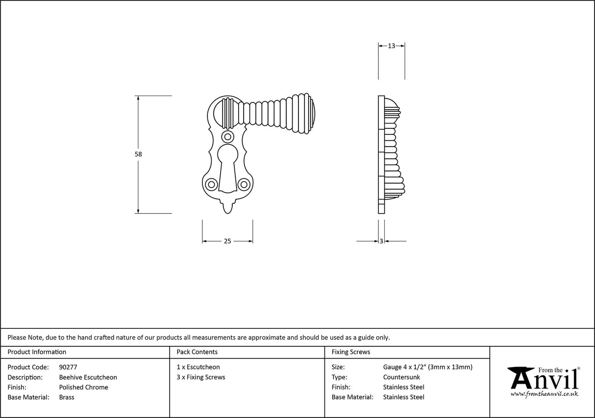 From The Anvil - Polished Chrome Beehive Escutcheon | Sku. 90277 | Trade Door Handles.