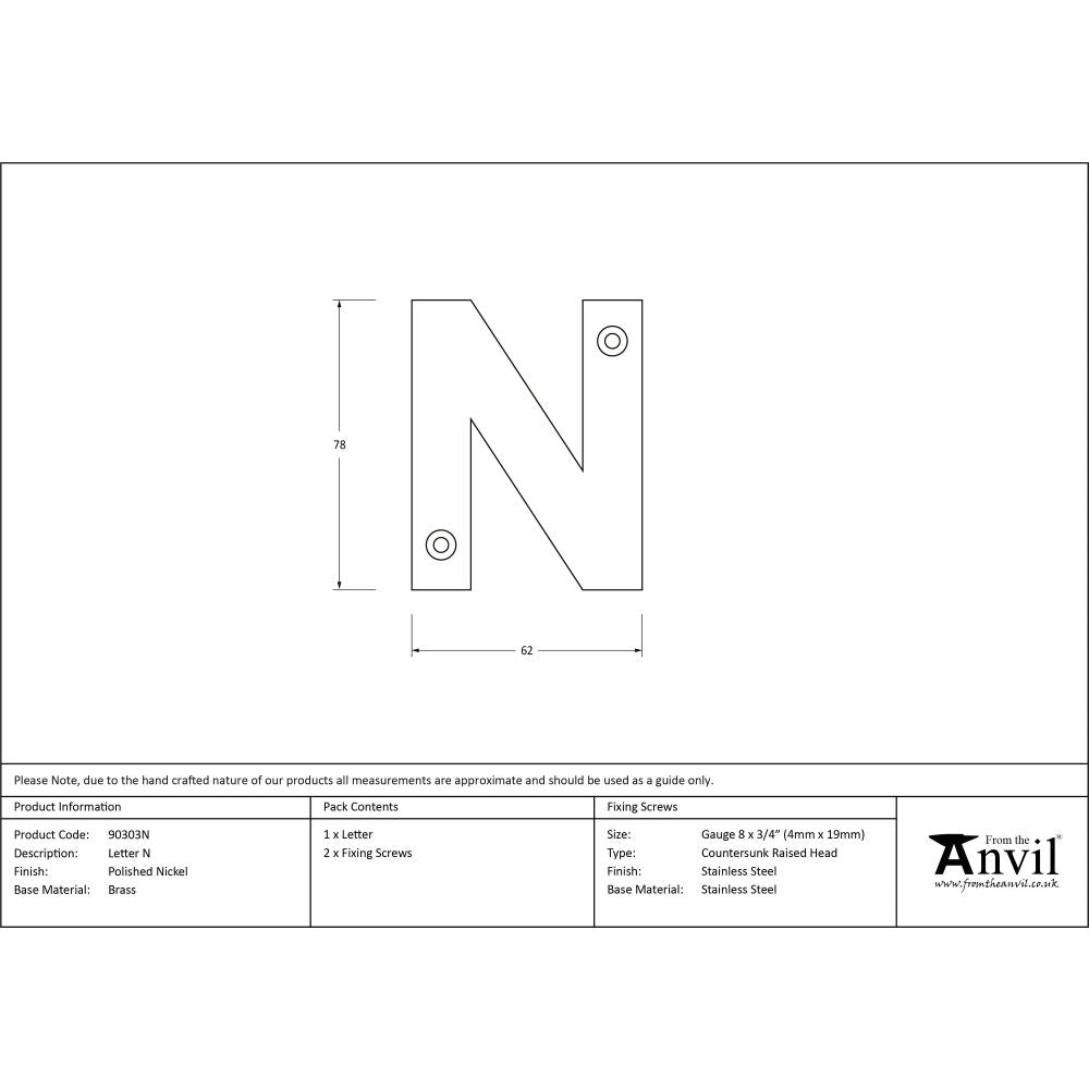 From The Anvil - Polished Nickel Letter N | Sku. 90303N | Trade Door Handles.