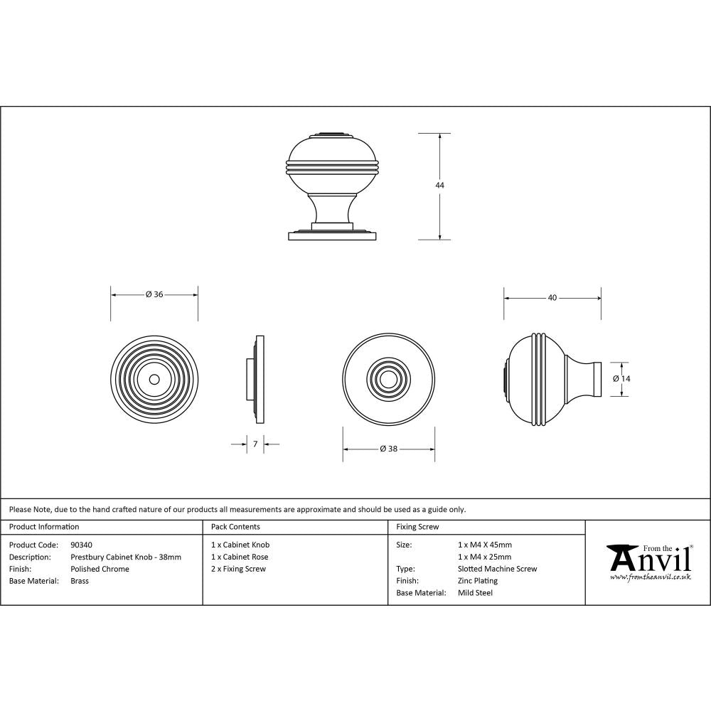 From The Anvil - Polished Chrome Prestbury Cabinet Knob 38mm | Sku. 90340 | Trade Door Handles.