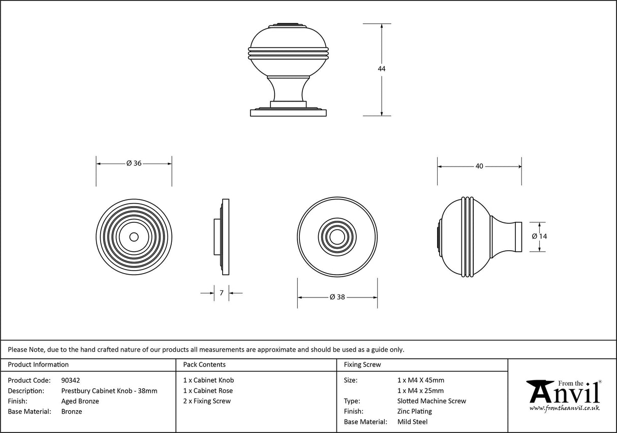 From The Anvil - Aged Bronze Prestbury Cabinet Knob 38mm | Sku. 90342 | Trade Door Handles.