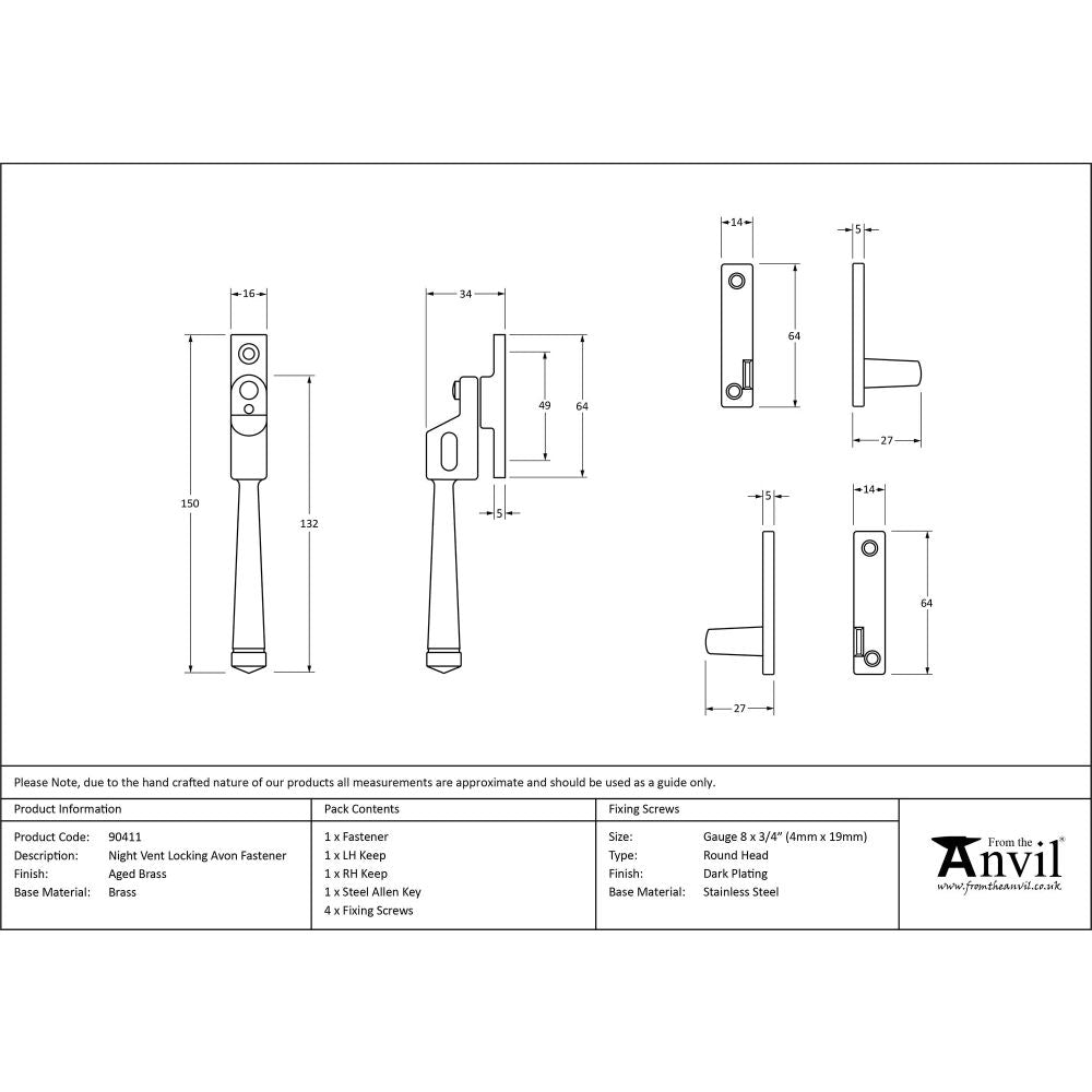 From The Anvil - Aged Brass Night-Vent Locking Avon Fastener | Sku. 90411 | Trade Door Handles.