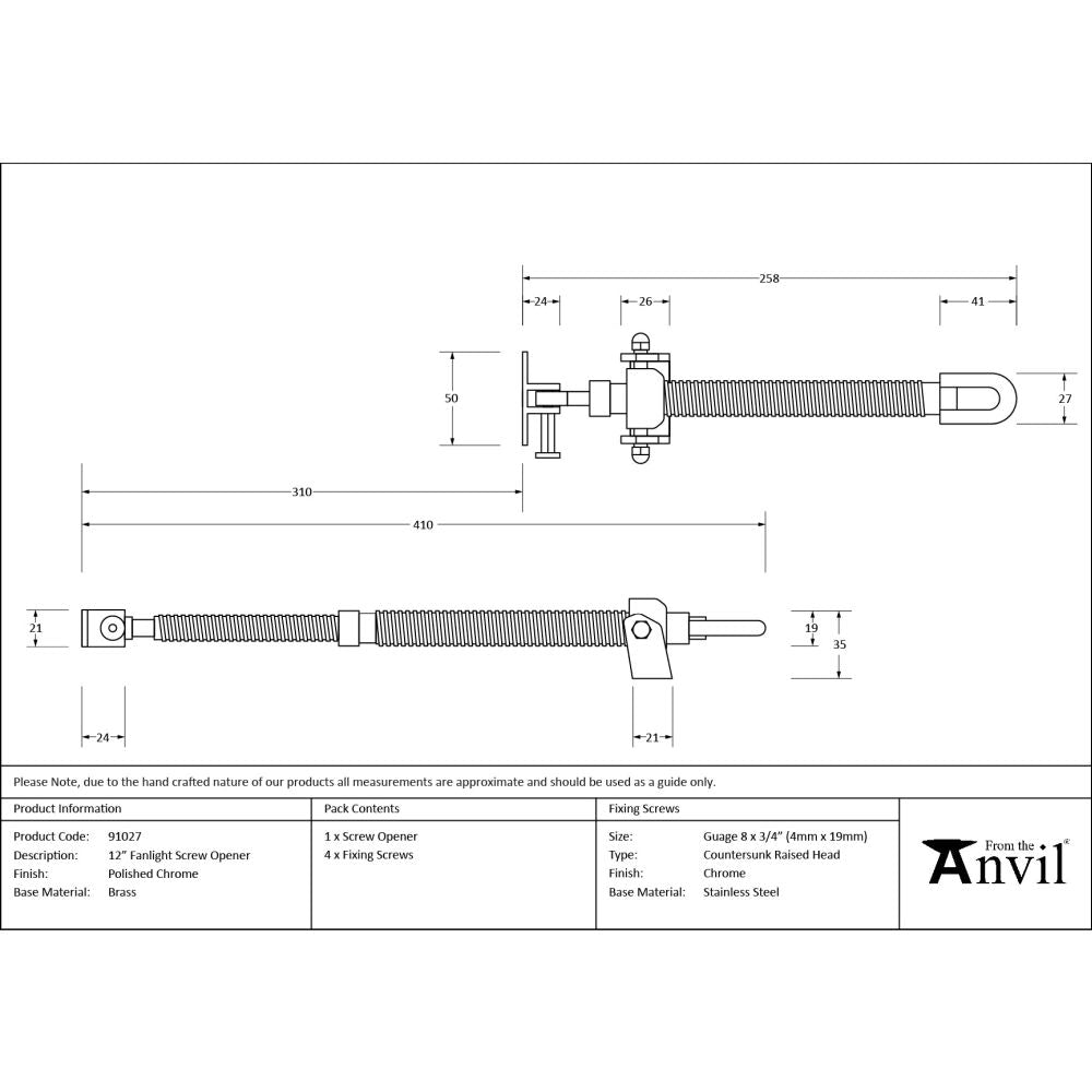 From The Anvil - Polished Chrome 12" Fanlight Screw Opener | Sku. 91027 | Trade Door Handles.