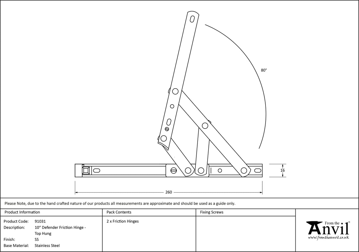 From The Anvil - SS 10" Defender Friction Hinge - Top Hung | Sku. 91031 | Trade Door Handles.