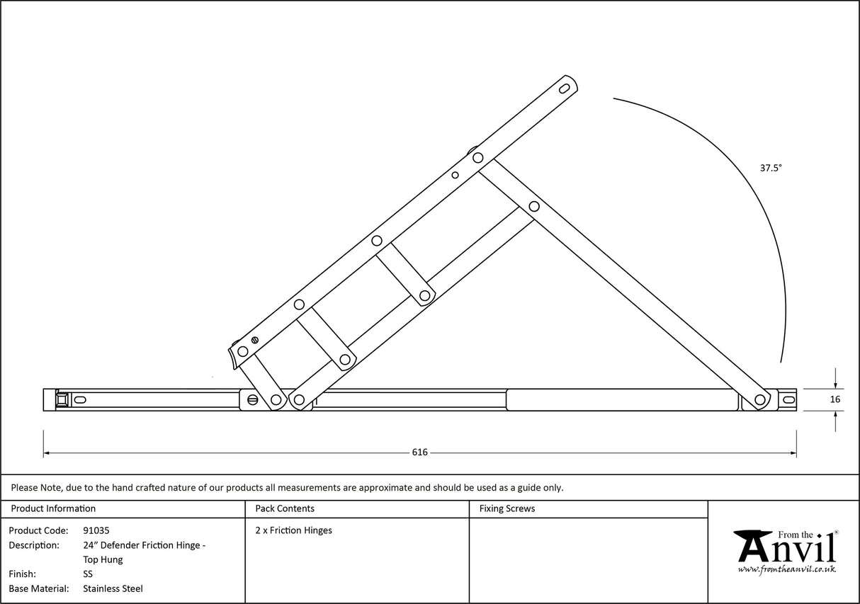 From The Anvil - SS 24" Defender Friction Hinge - Top Hung | Sku. 91035 | Trade Door Handles.