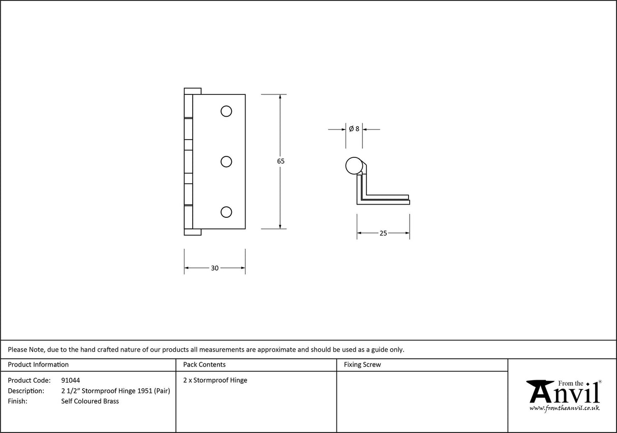 From The Anvil - Self Coloured Brass 2Æ€™€š¬Ã…¡‚¬Å¡½" (pair) Stormproof Hinge 1951 | Sku. 91044 | Trade Door Handles.