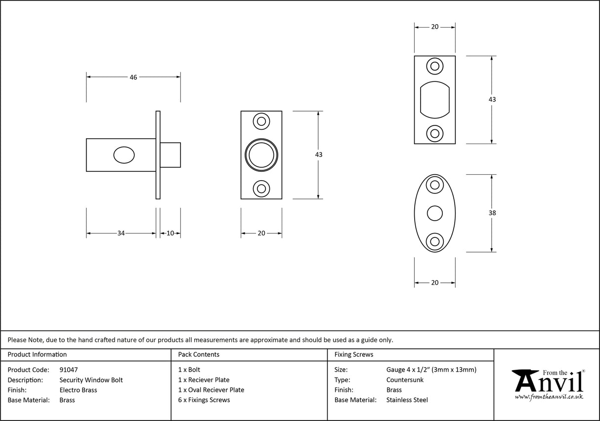 From The Anvil - Electro Brassed Security Window Bolt | Sku. 91047 | Trade Door Handles.