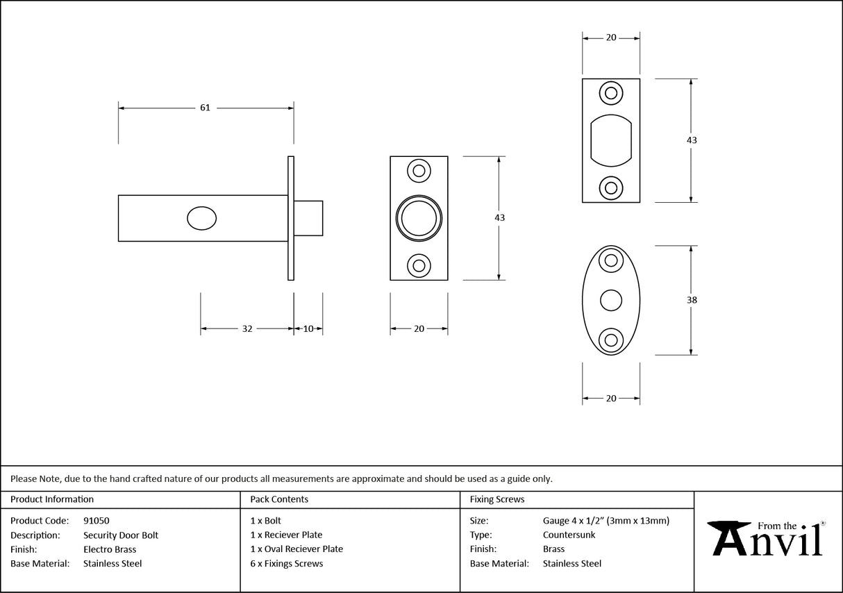From The Anvil - Electro Brassed Security Door Bolt | Sku. 91050 | Trade Door Handles.