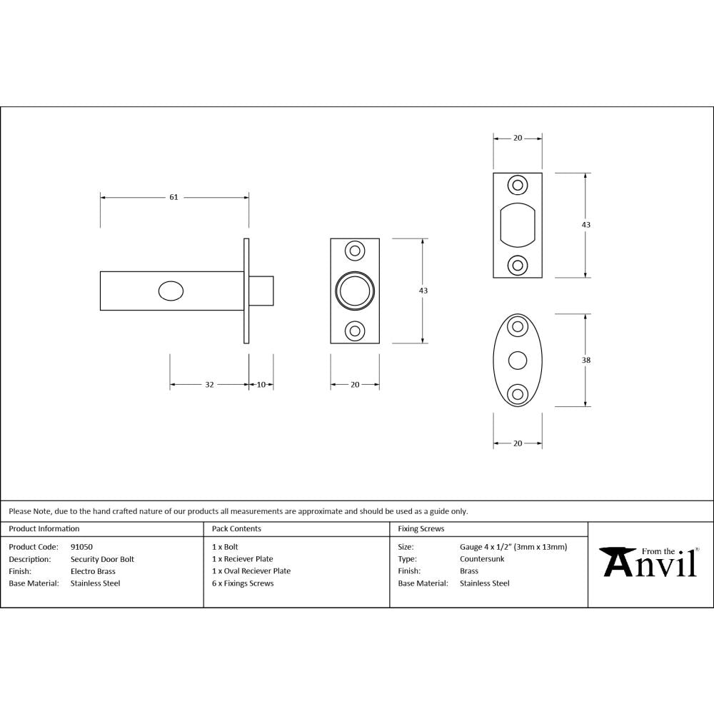 From The Anvil - Electro Brassed Security Door Bolt | Sku. 91050 | Trade Door Handles.