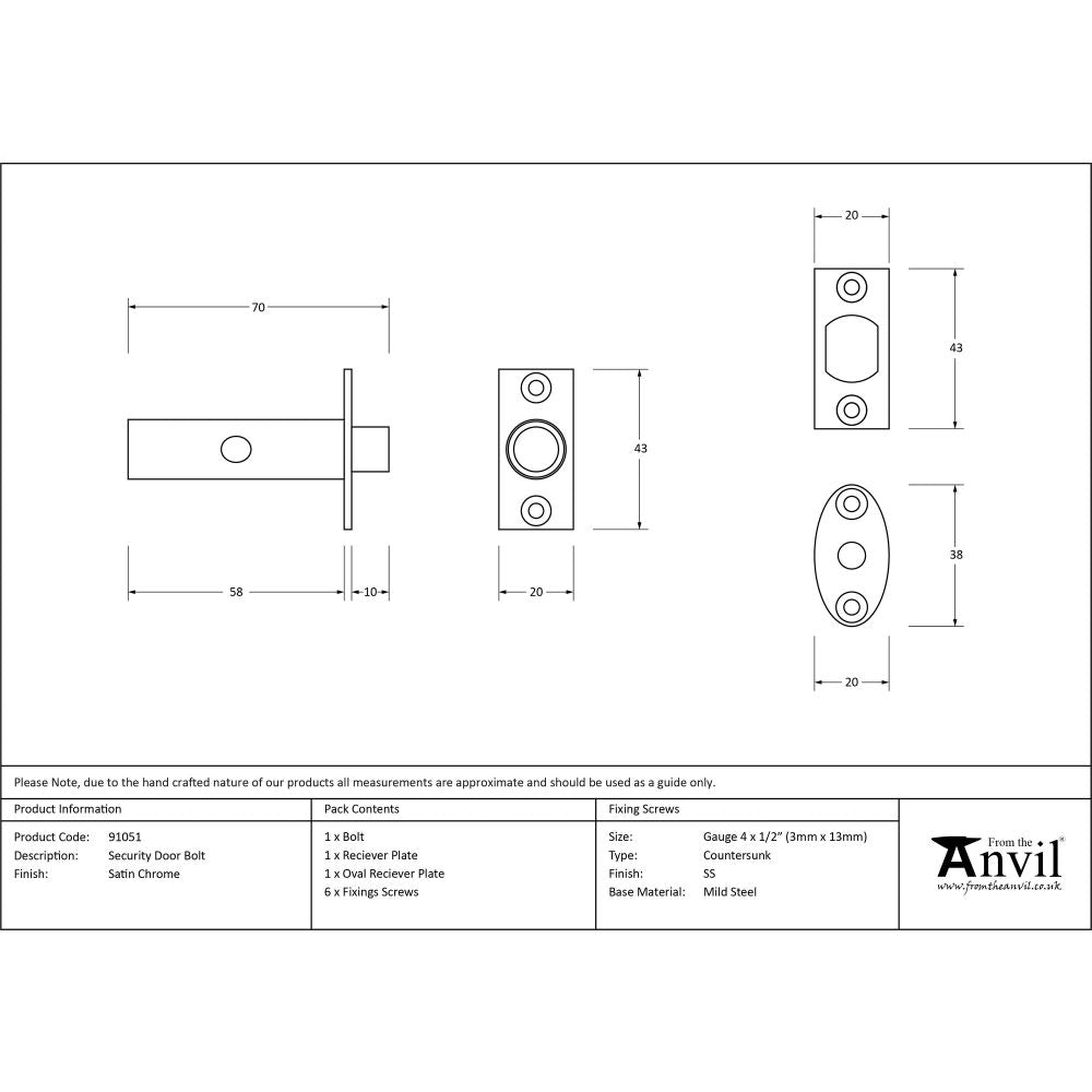 From The Anvil - Satin Chrome Security Door Bolt | Sku. 91051 | Trade Door Handles.