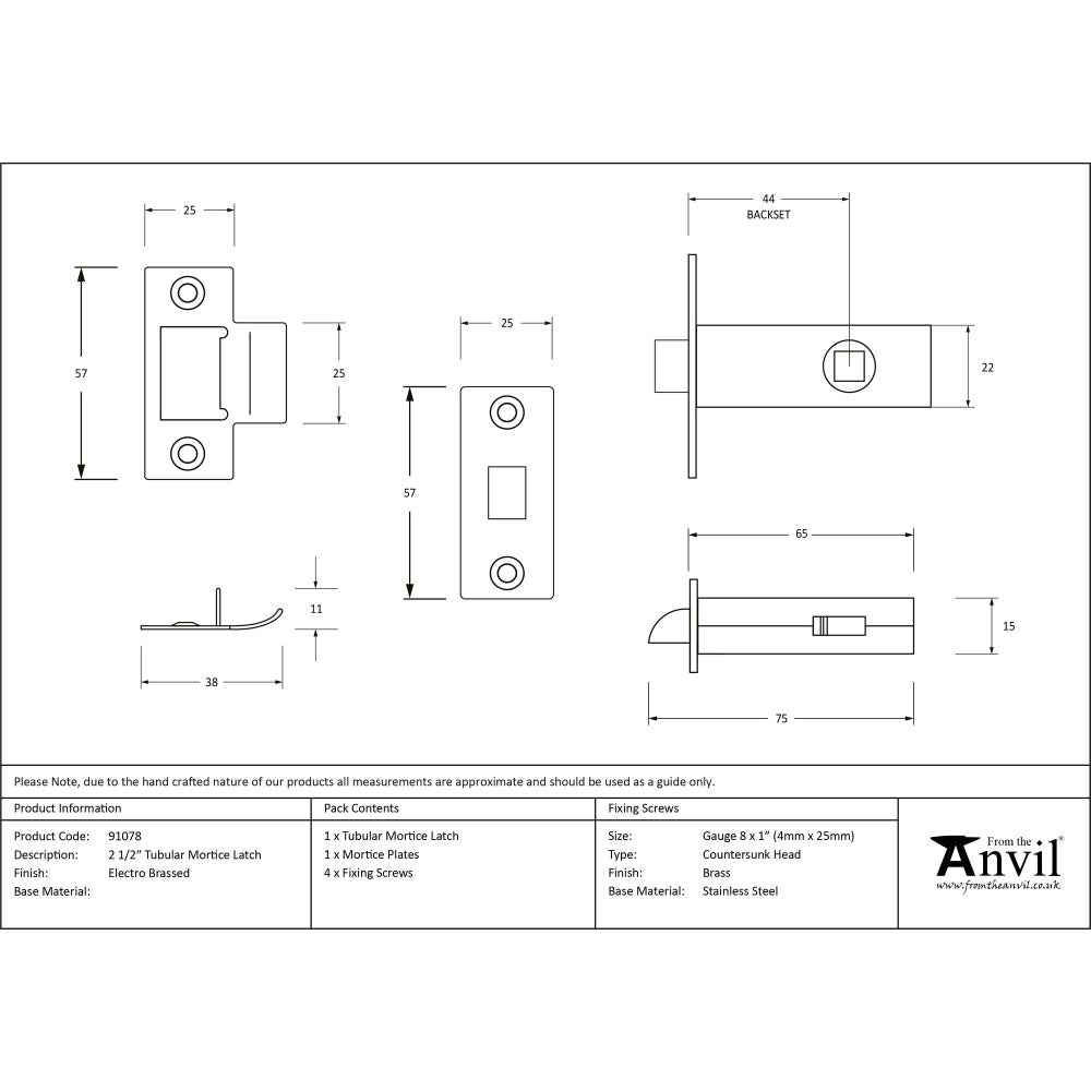 From The Anvil - Electro Brassed 2½" Tubular Mortice Latch | Sku. 91078 | Trade Door Handles.