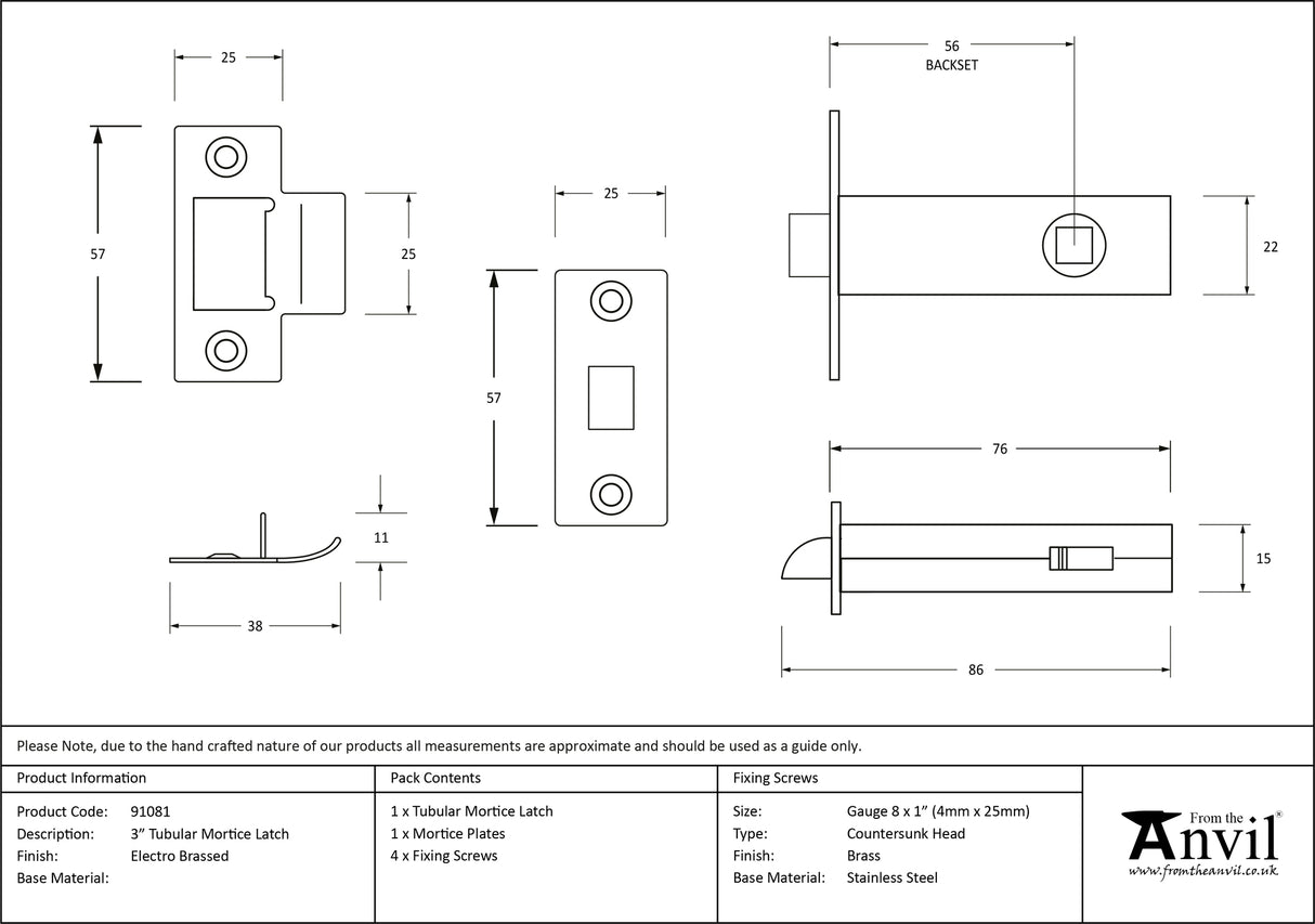 From The Anvil - Electro Brassed 3" Tubular Mortice Latch | Sku. 91081 | Trade Door Handles.