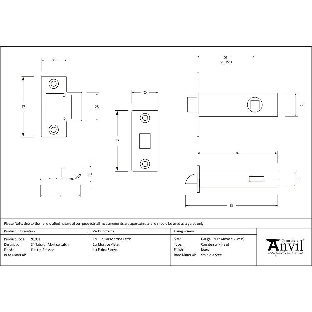 From The Anvil - Electro Brassed 3" Tubular Mortice Latch | Sku. 91081 | Trade Door Handles.
