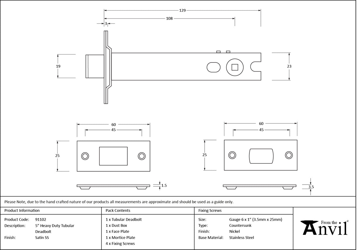 From The Anvil - SSS 5" Heavy Duty Tubular Deadbolt | Sku. 91102 | Trade Door Handles.