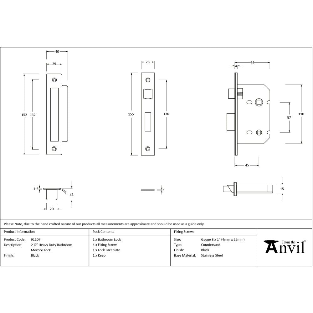From The Anvil - Black 2½" Heavy Duty Bathroom Mortice Lock | Sku. 91107 | Trade Door Handles.
