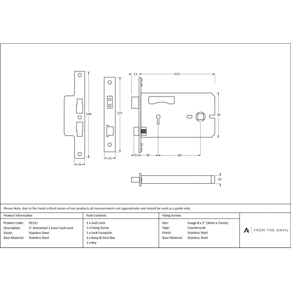 From The Anvil - SS 5" Horizontal 3 Lever Sash Lock | Sku. 91112 | Trade Door Handles.