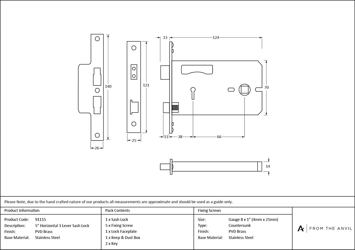 From The Anvil - PVD 5" Horizontal 3 Lever Sash Lock | Sku. 91115 | Trade Door Handles.