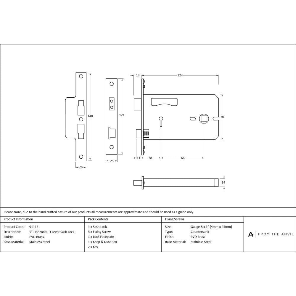 From The Anvil - PVD 5" Horizontal 3 Lever Sash Lock | Sku. 91115 | Trade Door Handles.