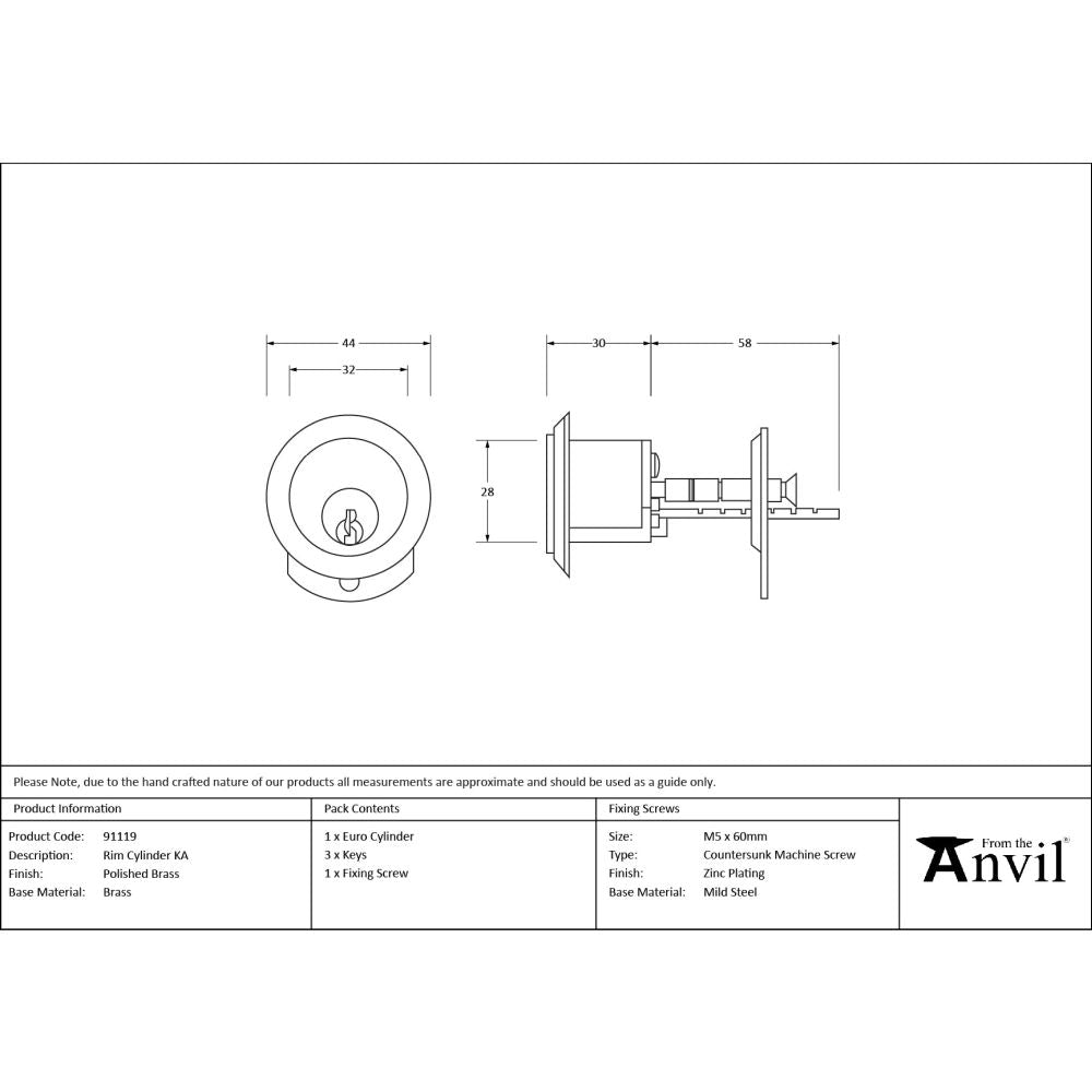 From The Anvil - Polished Brass Rim Cylinder KA | Sku. 91119 | Trade Door Handles.