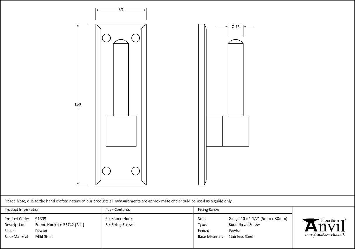 From The Anvil - Pewter Frame Hook For 33742 (pair) | Sku. 91308 | Trade Door Handles.