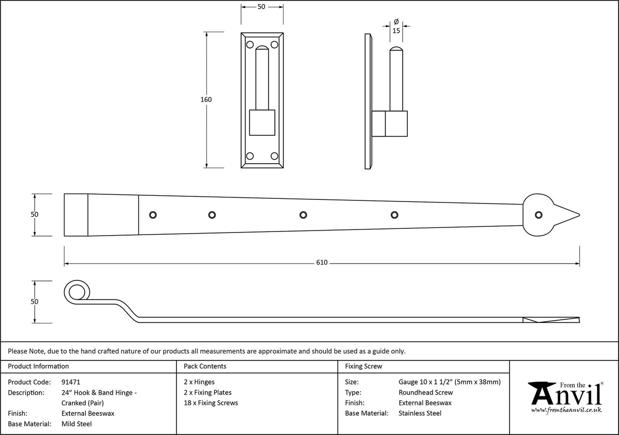 From The Anvil - External Beeswax 24" Hook & Band Hinge - Cranked (pair) | Sku. 91471 | Trade Door Handles.