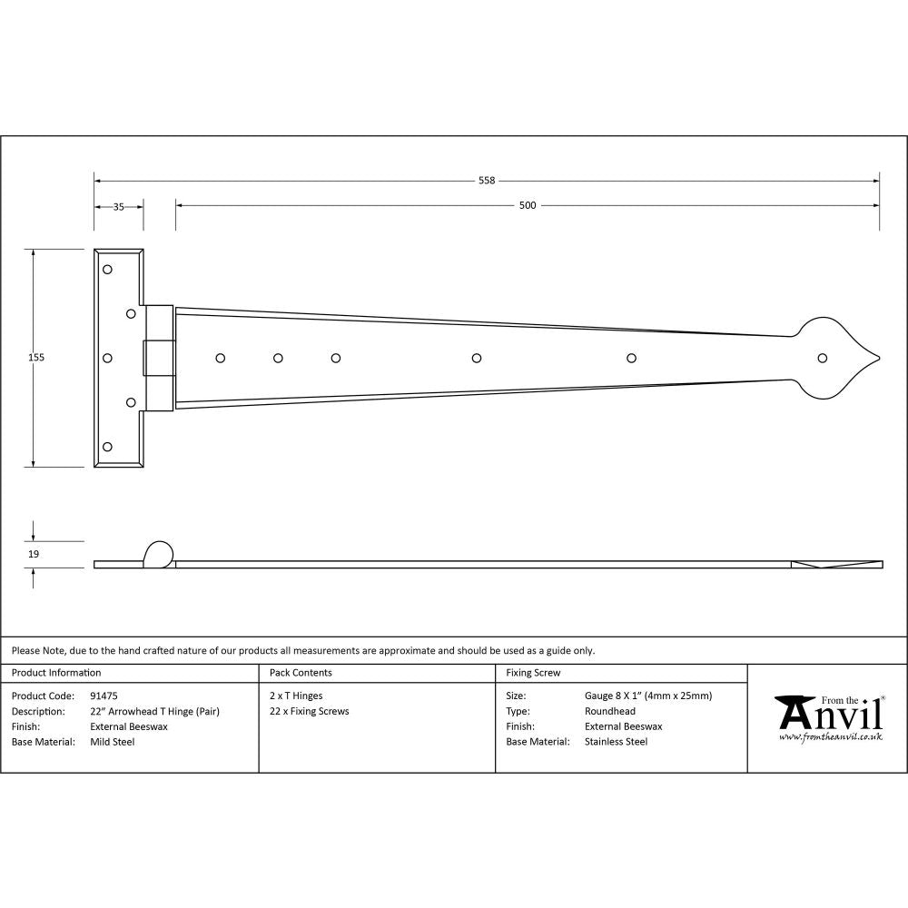 From The Anvil - External Beeswax 22" Arrow Head T Hinge (pair) | Sku. 91475 | Trade Door Handles.